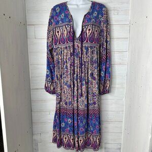 Womens Long Sleeve Floral Print Retro V Neck Tassel Midi Dress Size Medium 8/10